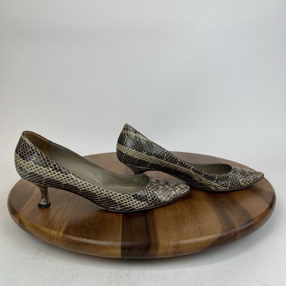 Womens Manolo Blahnik Vintage‎ Gray Snakeskin Leather Kitten Heels Pumps Size 37